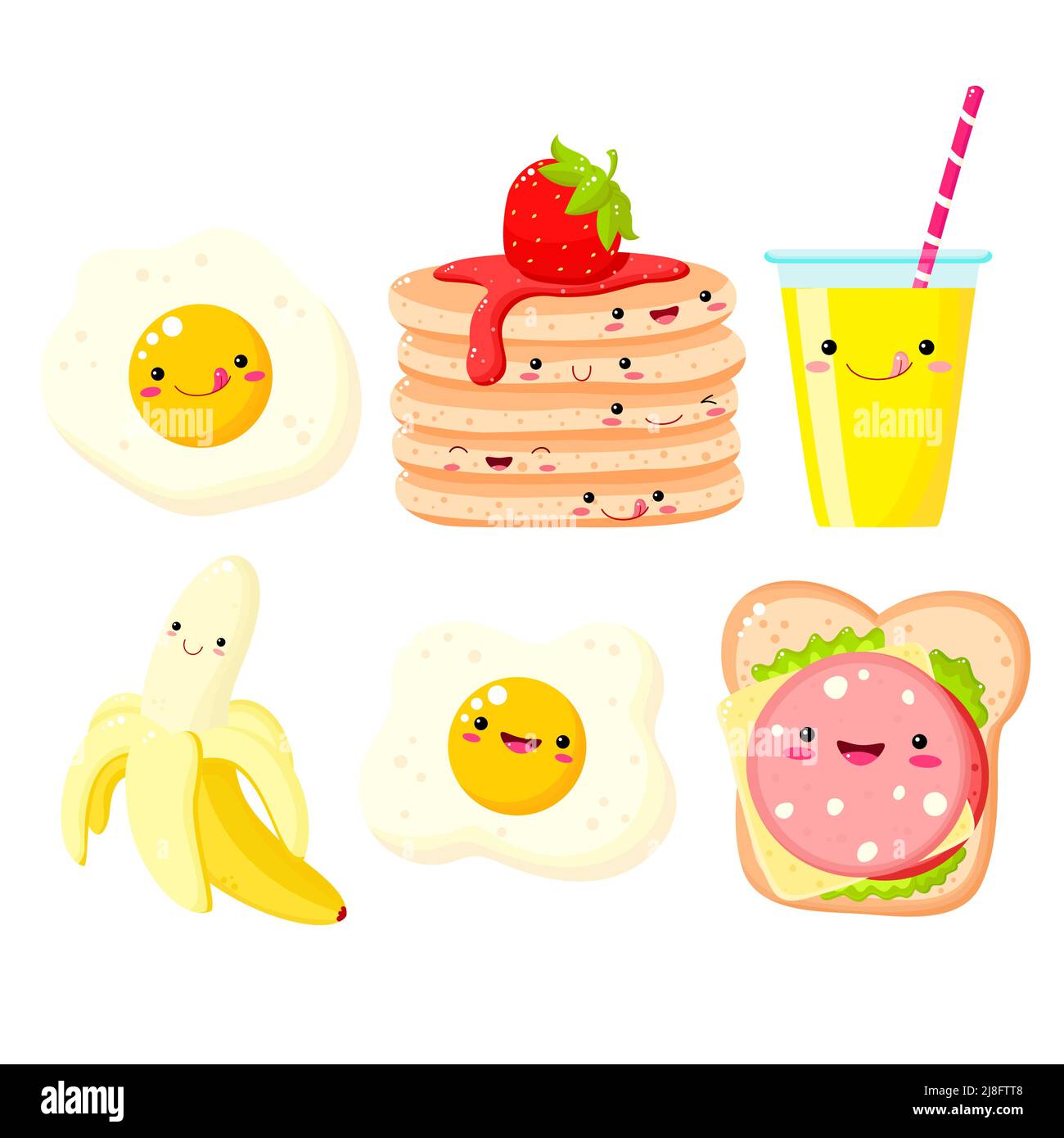 Heure du petit déjeuner. Ensemble de jolis symboles culinaires dans le style kawaii pour un joli motif. Banane, jus d'orange, crêpes, sandwich au fromage et aux légumes, œufs brouillés Illustration de Vecteur