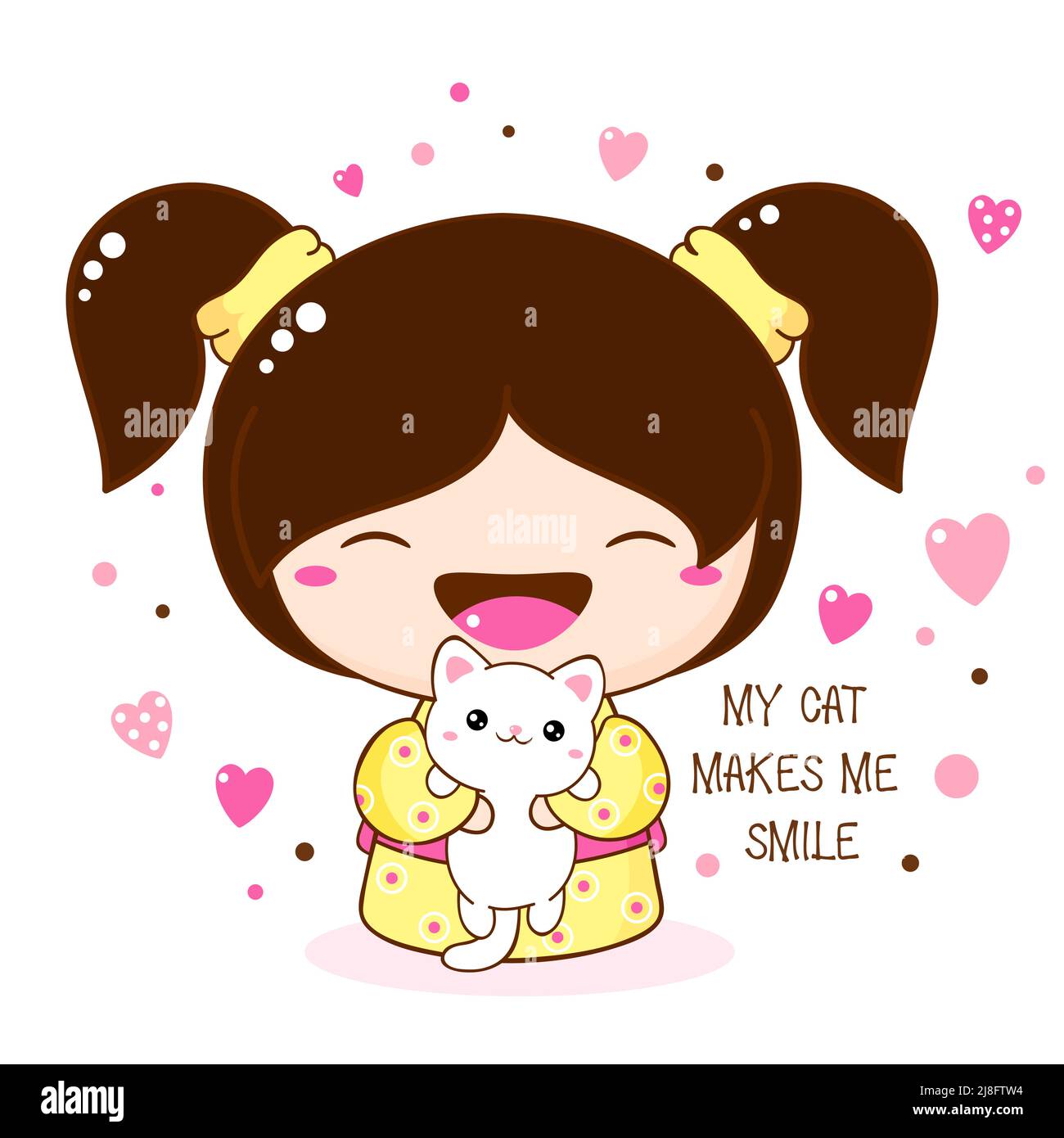 Jolie petite fille souriante avec chaton dans le style kawaii. Poupée kokeshi traditionnelle japonaise en kimono avec chat blanc. Inscription mon chat me fait sourire. Illustration de Vecteur