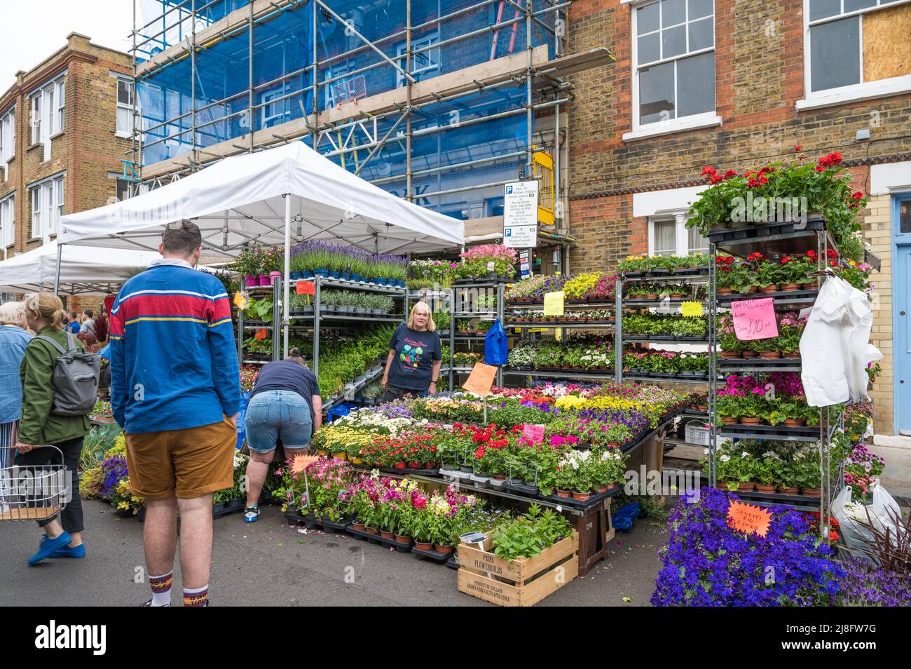 Les gens parcourent les étals du marché aux fleurs du dimanche à Columbia Road, Londres E2, Angleterre, Royaume-Uni Banque D'Images