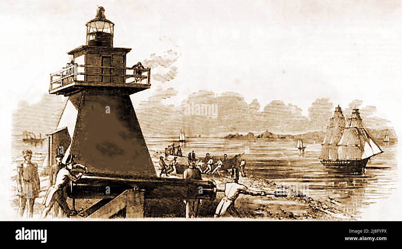 Golden Gate - une image en 1856 du phare et des défenses à l'entrée de la baie de San Francisco, Etats-Unis. Banque D'Images