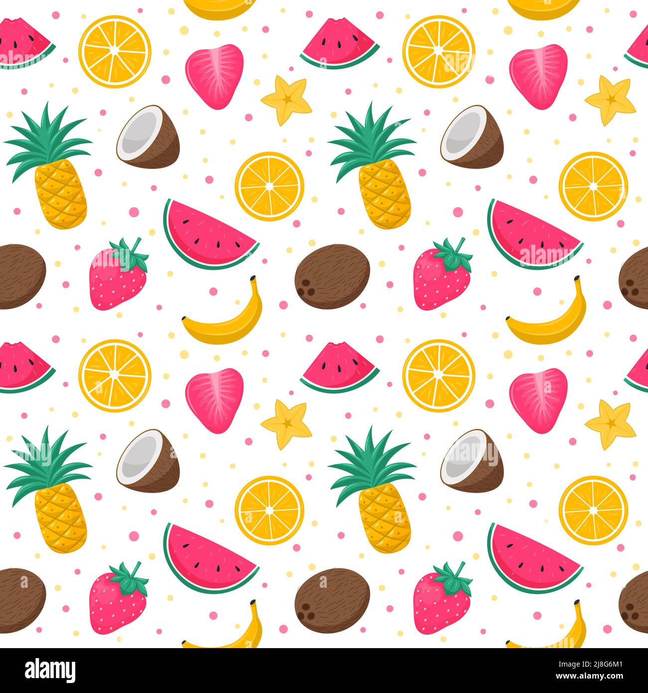 Motif d'été brillant sans couture avec fruits exotiques tropicaux, baies et fleurs. Orange, ananas, pastèque, banane. Illustrations vectorielles dans un Fla Illustration de Vecteur