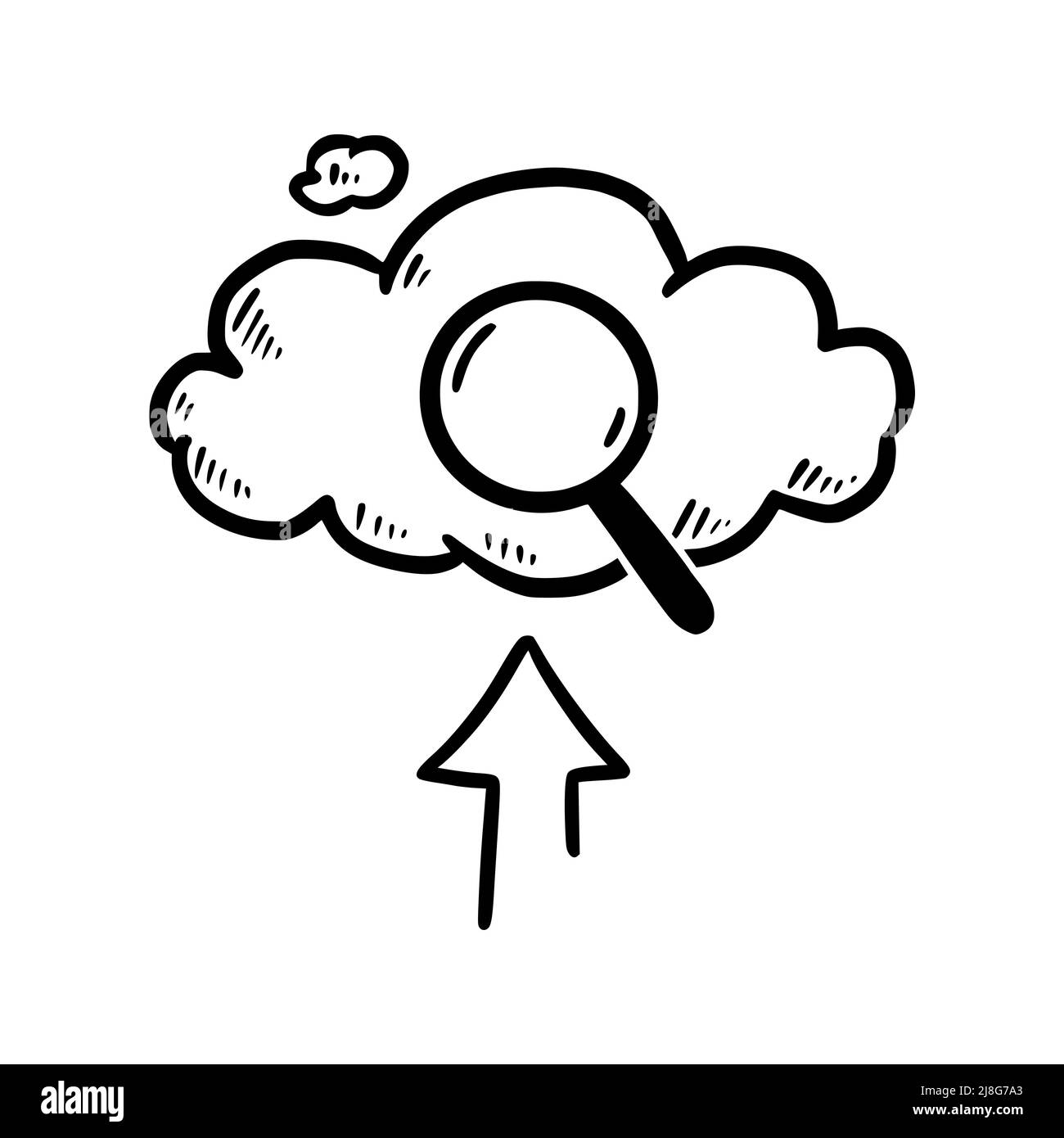 Doodle Data Server Cloud avec loupe. Nuage de style esquisse dessiné à la main, flèche pour base de données Internet, stockage numérique, concept de technologie de téléchargement. Illustration vectorielle. Illustration de Vecteur