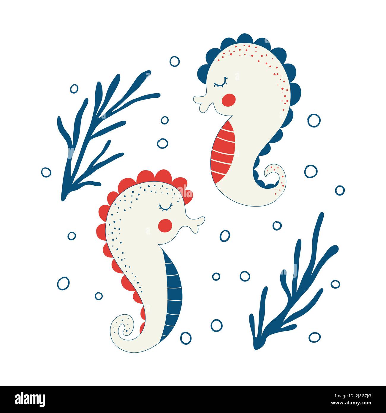 De jolis hippocampes isolés sur fond blanc. Simples chevaux de mer sous-marins. Illustration vectorielle de dessin animé plat de couleur puéril de drôle de sous-marin Illustration de Vecteur