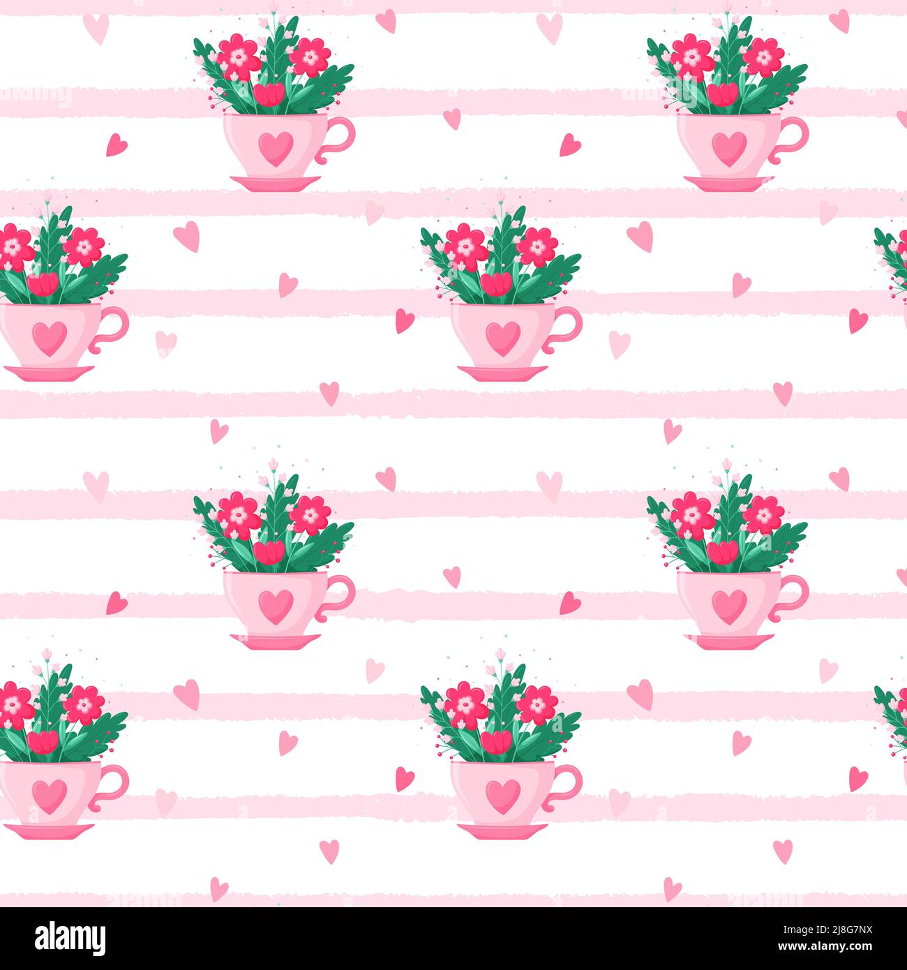 Un motif fleuri sans couture dans une tasse à thé rose avec coeur. Un joli bouquet d'été festif avec des fleurs simples. Illustration vectorielle Illustration de Vecteur