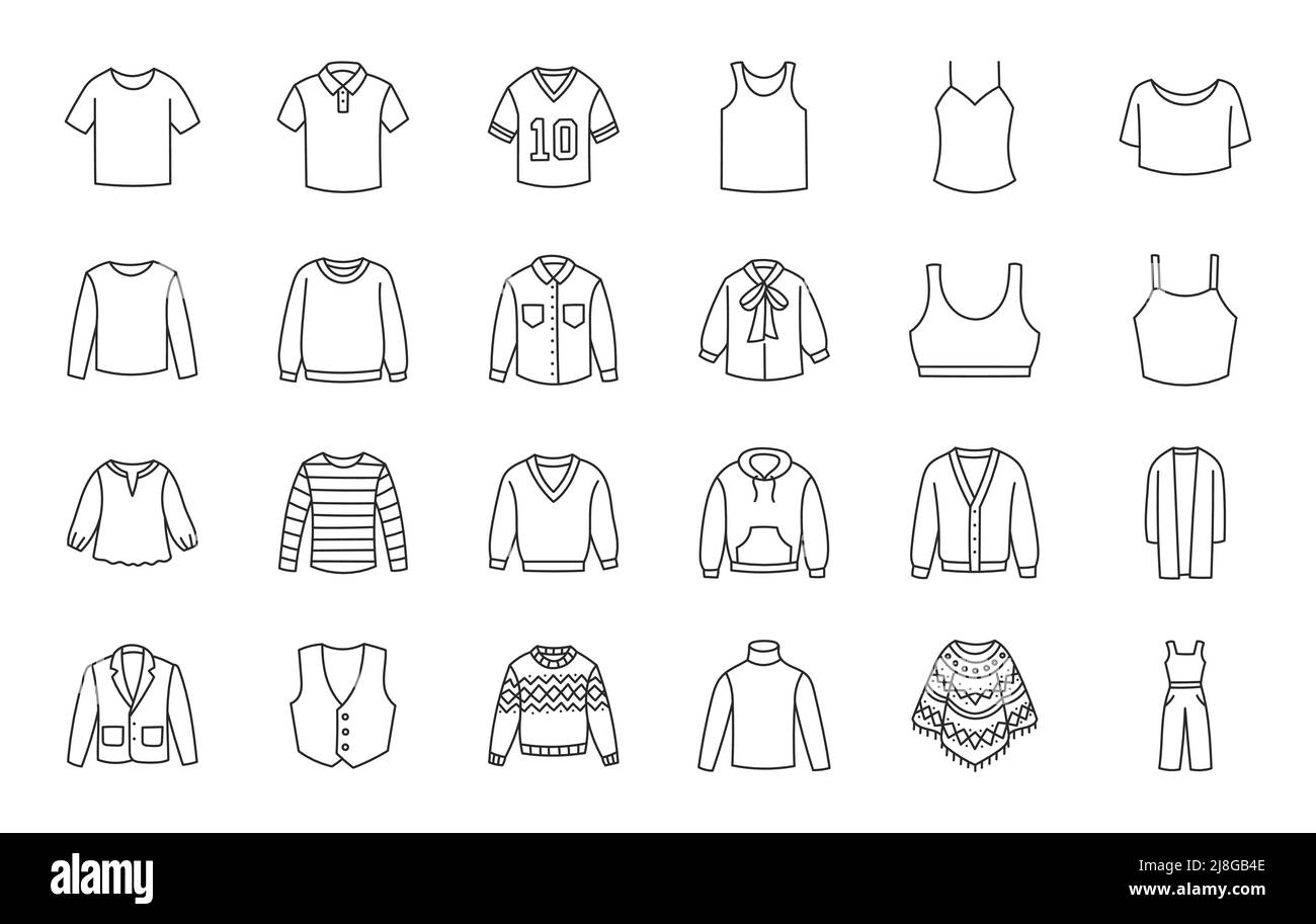 Vêtements top doodle illustration comprenant des icônes - chandail, veste, polo, sweat-shirt, sweat à capuche, pull-over, costume, vêtements de sport à manches longues, gilet, chemisier Illustration de Vecteur