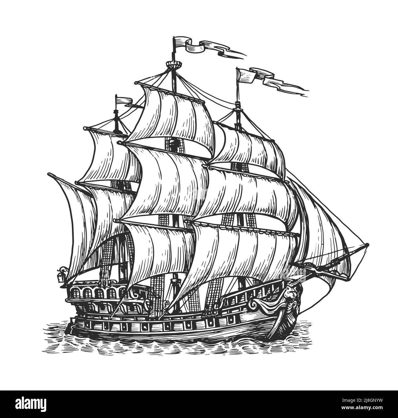 Voilier rétro naviguant sur les vagues. Esquisse vectorielle dessinée à la main. Transport nautique rétro dans un style de gravure vintage Illustration de Vecteur