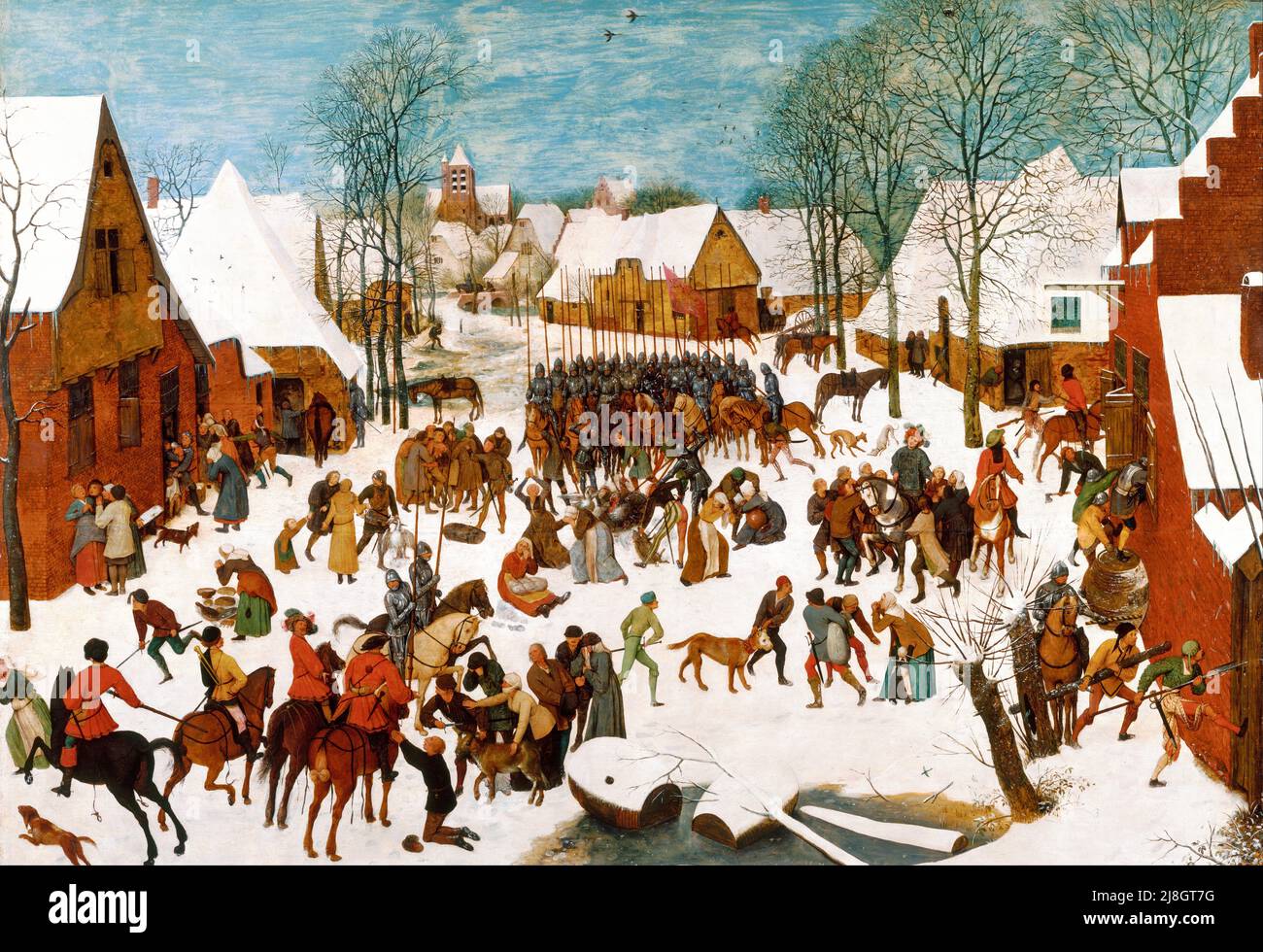 Le massacre des Innocents à Bethléem, par Pieter Brueghel l'ancien. Dans ce mythe chrétien, les trois Magi demandaient où trouver le nouveau-né « Roi des Juifs ». Le dirigeant romain Hérode a senti sa position menacé amd a ordonné le meurtre de tous les bébés garçons. Le père de Jésus a été averti dans une rea, de l'événement et a été conseillé d'aller en Egypte, dans l'épisode connu sous le nom de vol en Egypte. Banque D'Images