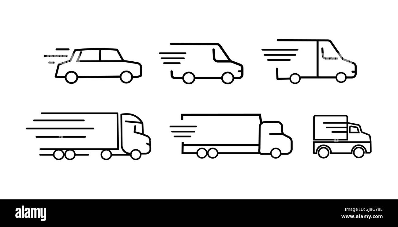 Icône du chariot. Un ensemble d'icônes de chariot. L'icône de la voiture. Dessin simple d'un chariot. Camion-citerne, plate-forme ouverte, réfrigérateur, fourgonnette industrielle. Illustration de Vecteur