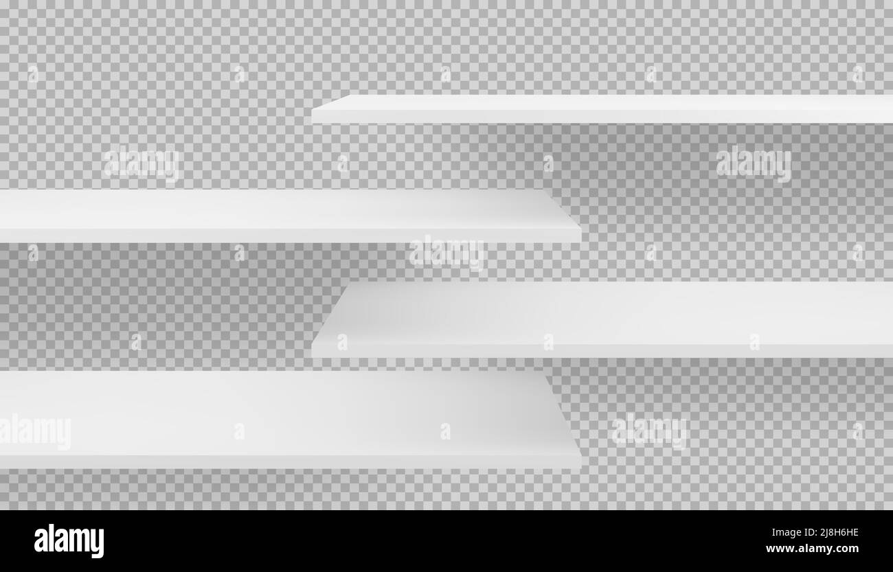 3D étagères vides en bois ou en plastique, longues, en forme de maquette sur fond transparent avec ombre. Modèle d'organisation de magasin de livres et de magazines pour merch Illustration de Vecteur