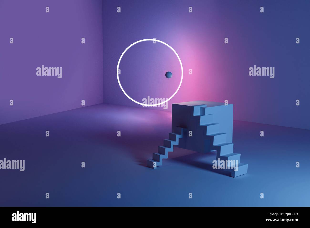 Composition abstraite d'angle avec podium et escalier, néon, cercle et balle, 3D illustrations avec formes géométriques sur fond bleu Banque D'Images