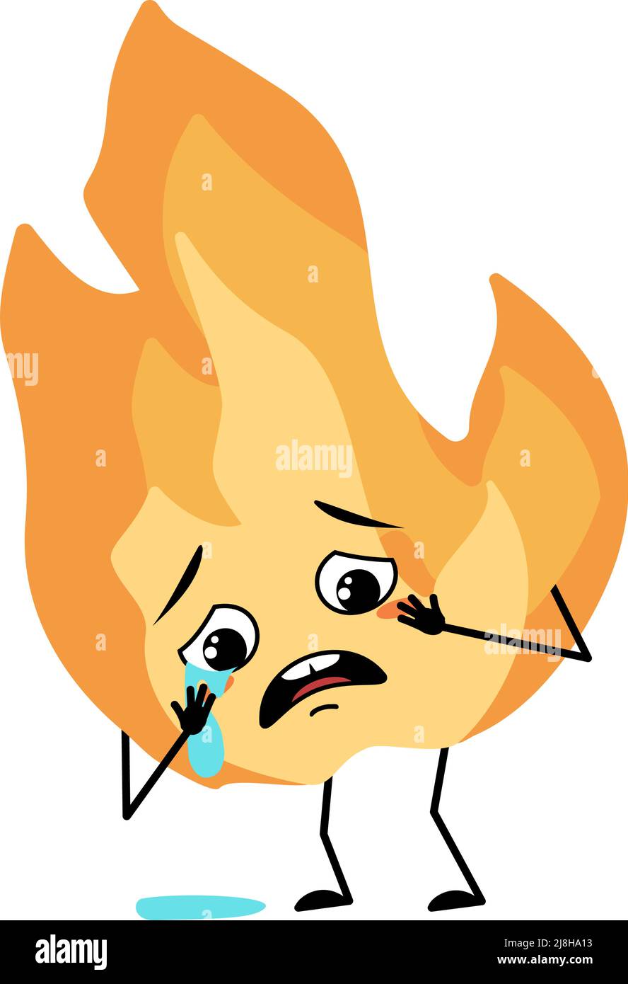 Mignonne de la flamme avec des pleurs et des larmes d'émotion, visage triste, yeux dépressifs, bras et jambes. Homme de feu avec expression mélancolique, personne orange chaude. Illustration vectorielle plate Illustration de Vecteur