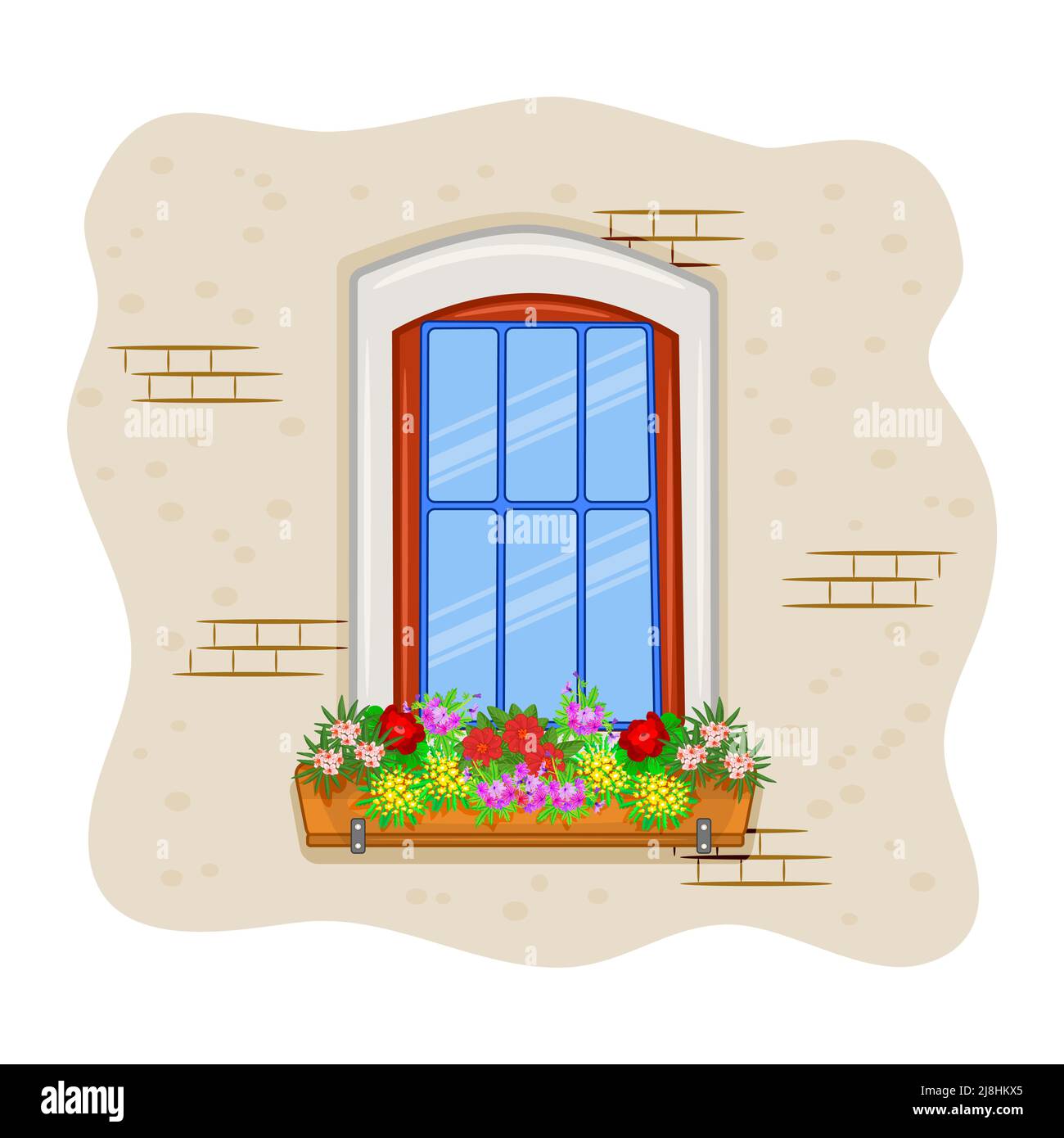 Fenêtre avec fleurs. Fenêtre vintage avec jardin de fleurs suspendu.Maison et fleurs fleuries sur le seuil.façade de maison avec plantes en pot de fleurs.Vector Illustration de Vecteur