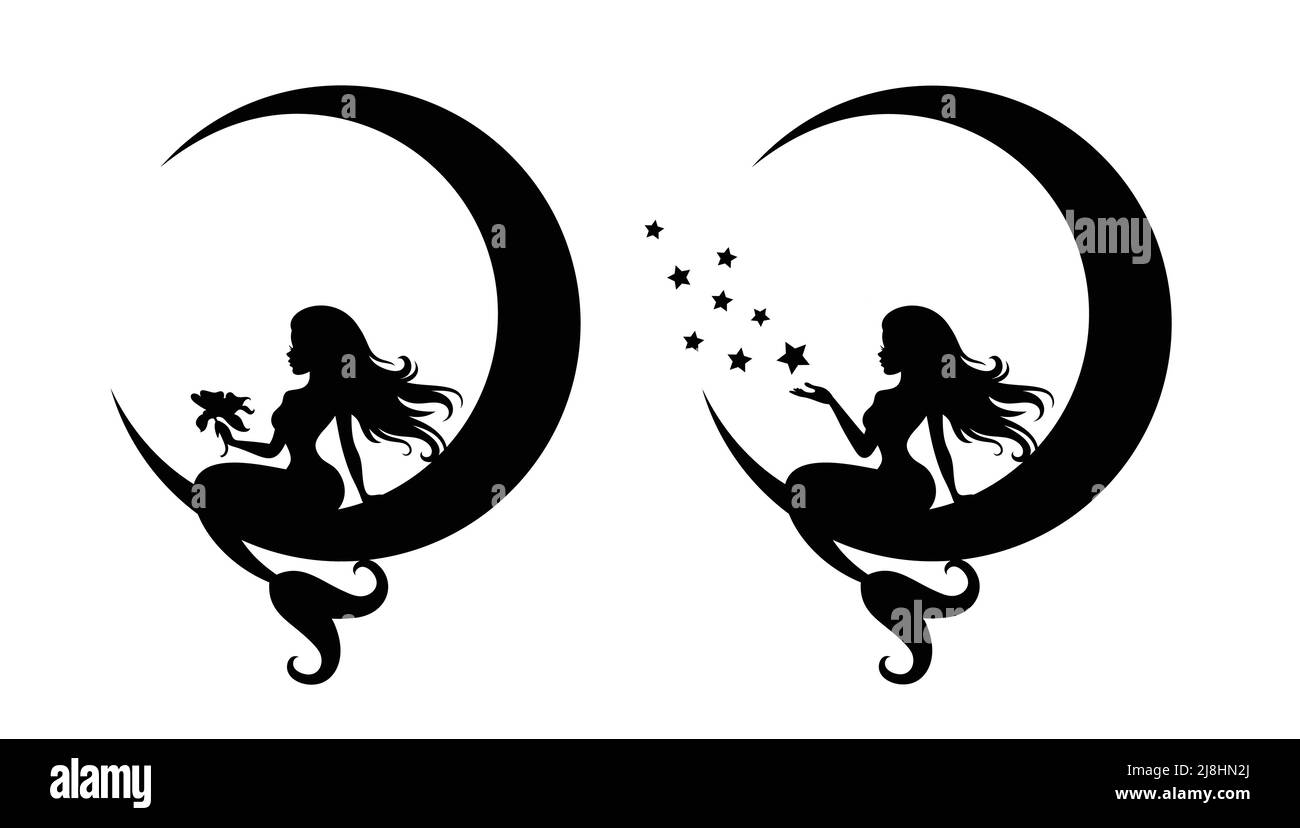 Silhouettes de mermaids assis sur une lune. Illustration de Vecteur