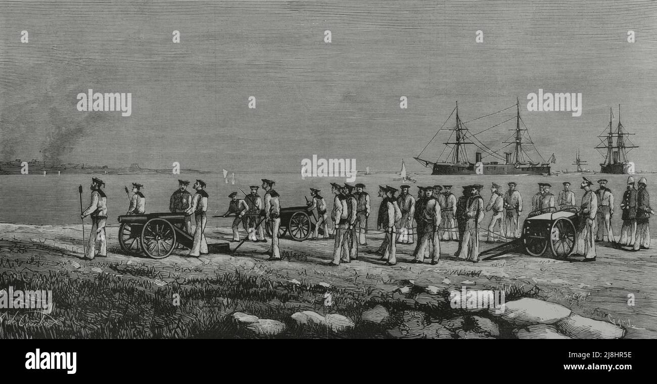 Égypte. Débarquement des marins britanniques et des vestes de bluejackes du 'invincible' près de fort Mex, après le bombardement. Gravure de Capuz, 1882. Banque D'Images