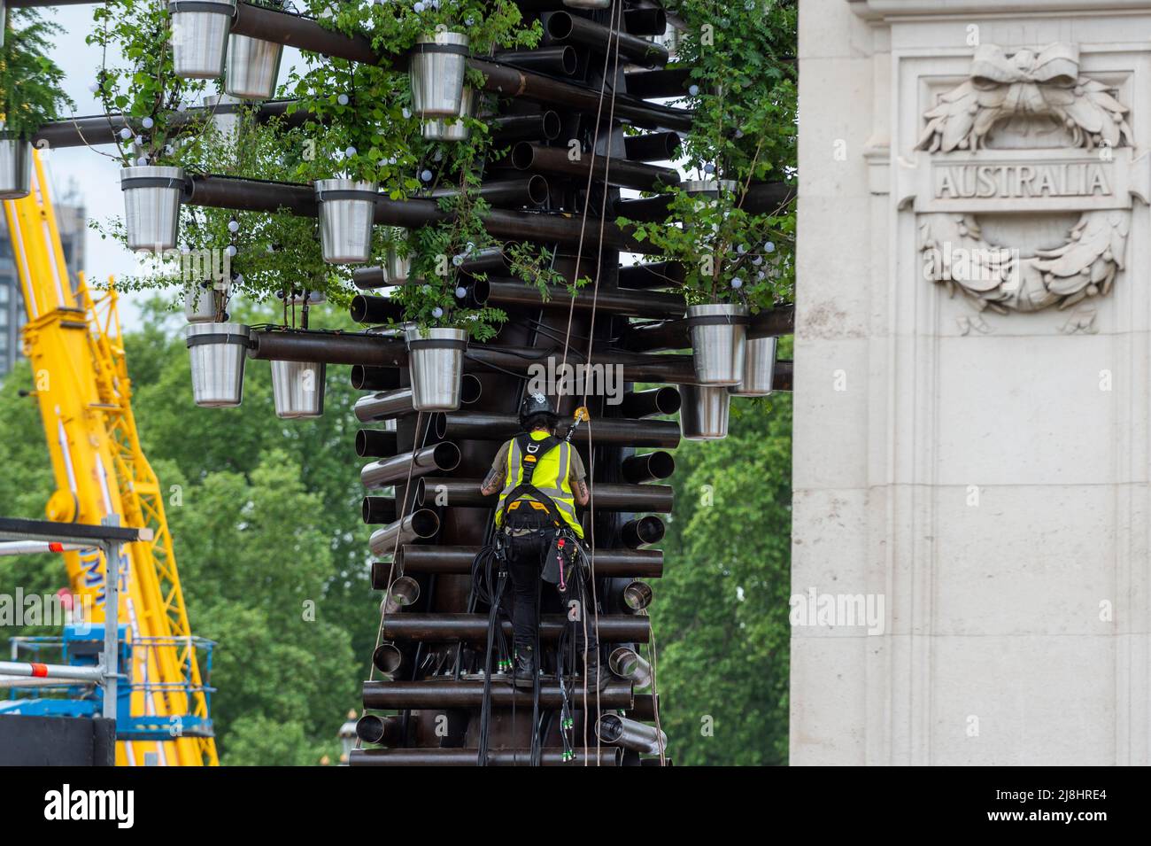 Londres, Royaume-Uni. 16 mai 2022. Un ouvrier pendant la construction d'une sculpture de 21 mètres "arbre des arbres", avec 350 arbres indigènes britanniques, à l'extérieur de Buckingham Palace. Elle sera la pièce maîtresse des célébrations de la fin de semaine du Jubilé de platine de la Reine. Conçus par Heatherwick Studio, les 350 arbres sont dans des pots en aluminium estampés du cypher de sa Majesté. Après la fin de semaine du Jubilé, les arbres seront offerts aux groupes communautaires sélectionnés pour célébrer leur travail et inspirer la prochaine génération de planteurs d'arbres à travers le pays dans le cadre du pavillon vert de la Reine (QGC). Credit: Stephen Chung / Alamy Live News Banque D'Images