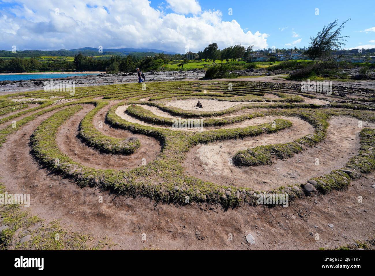 Kapalua Labyrinth sur la pointe Makaluapuna à l'ouest de Maui, Hawaï - Monument sacré fait de fossés circulaires qui remernent les dieux hawaïens Banque D'Images