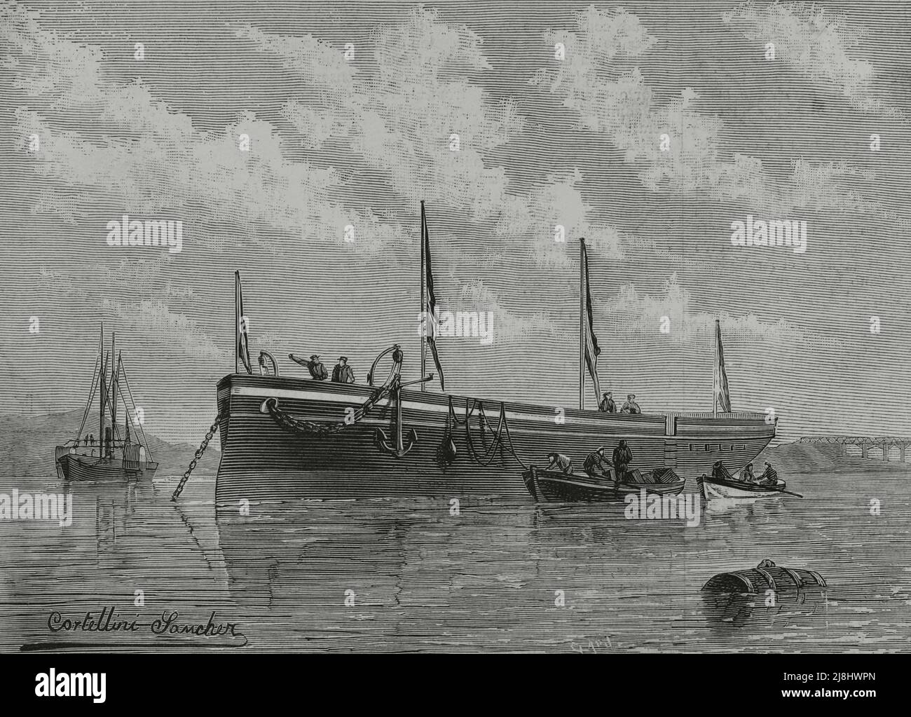 Marine espagnole. 'Alsedo' (1882-1898). Canonnière de classe 2nd, fer-hullet, classe 'Pilar'. Lancé sur 23 janvier 1882. Gravure de Capuz, 1882. Banque D'Images
