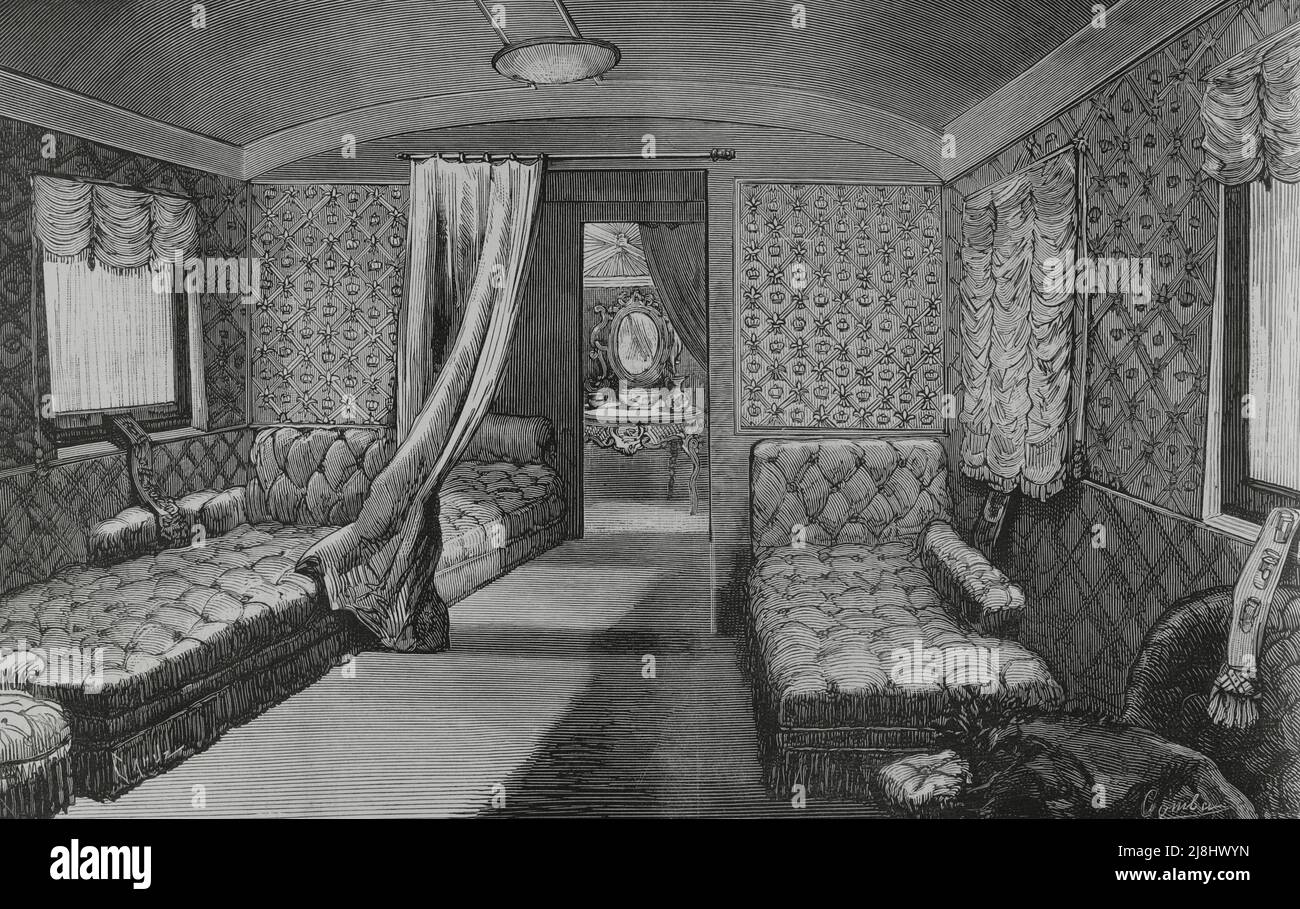 Voyage en Andalousie des rois d'Espagne, Alfonso XII (1857-1885) et Maria Cristina de Habsburgo-Lorena (1858-1929). Train Royal. Intérieur de l'autocar, de la commode et de l'armoire de nuit. Gravure de Capuz, 1882. Banque D'Images