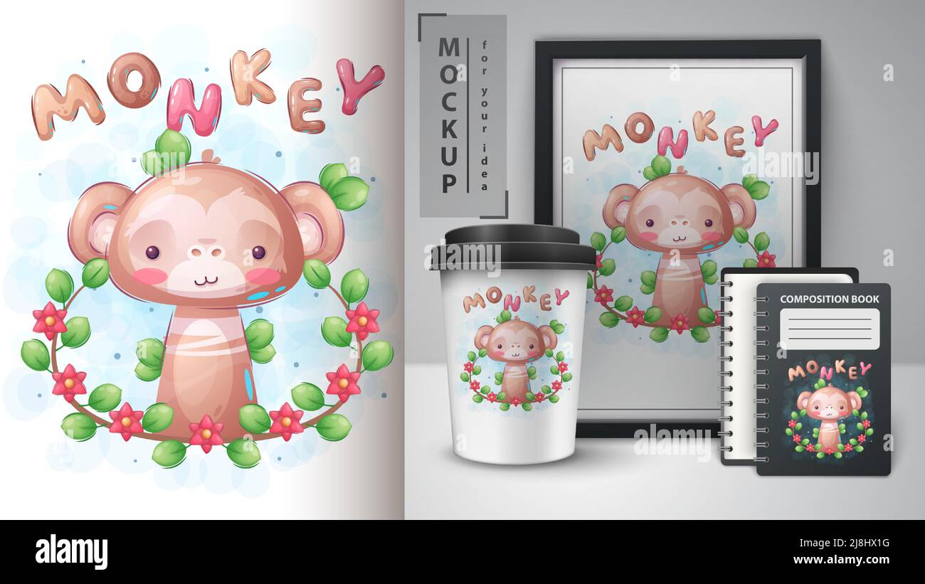 Monkeyavec affiche florale et merchandising. Illustration de Vecteur