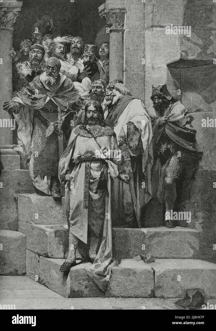 Ramiro II d'Aragon (1086-1157). Roi d'Aragon (1134-1157). Scène représentant la légende de la cloche de Huesca, ou la légende du roi moine. Gravure, 1882. Banque D'Images