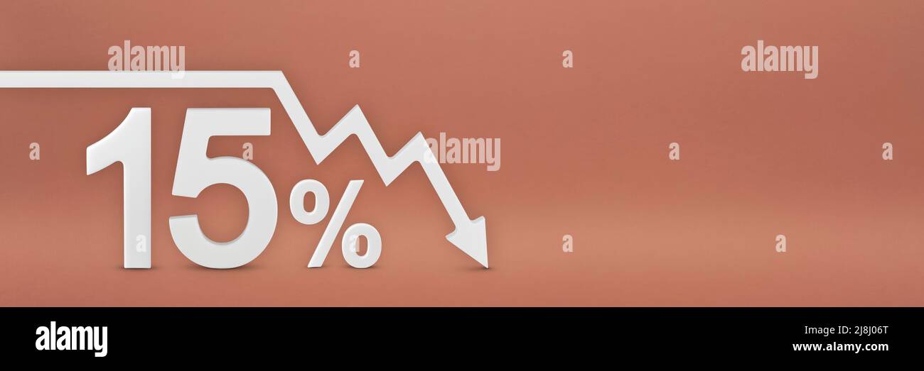 quinze pour cent, la flèche sur le graphique pointe vers le bas. Krach boursier, marché baissier, inflation. Effondrement économique, effondrement des actions. 3d bannière Banque D'Images