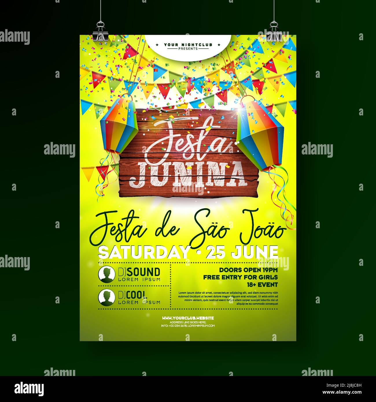 Festa Junina Party Flyer Illustration avec lettrage sur panneau en bois d'époque. Drapeaux et lanterne en papier sur fond vert. Vector Brésil Sao Joao Illustration de Vecteur