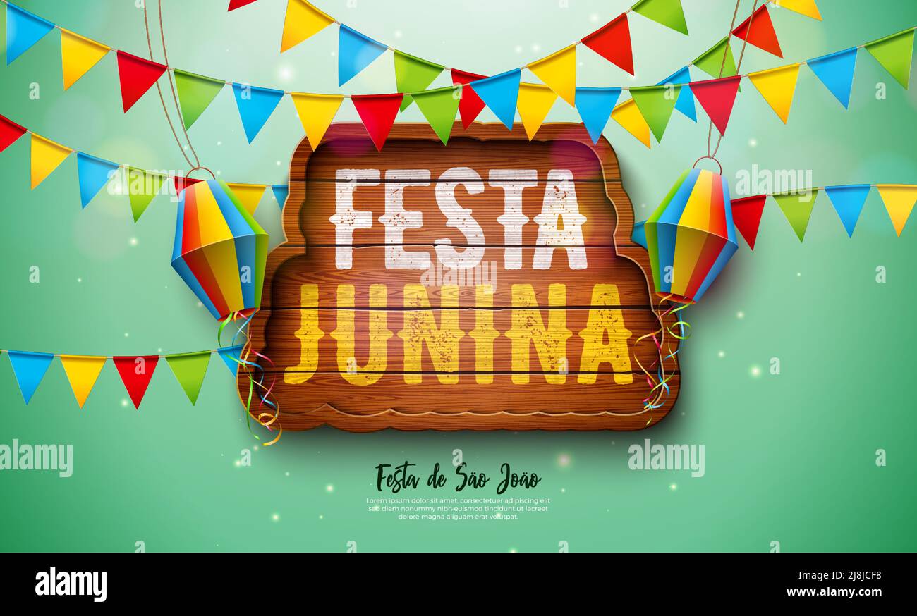 Festa Junina Illustration avec drapeaux de fête et lanterne en papier sur fond vert. Vector Brésil juin Sao Joao Festival Design avec Typographie lettre Illustration de Vecteur