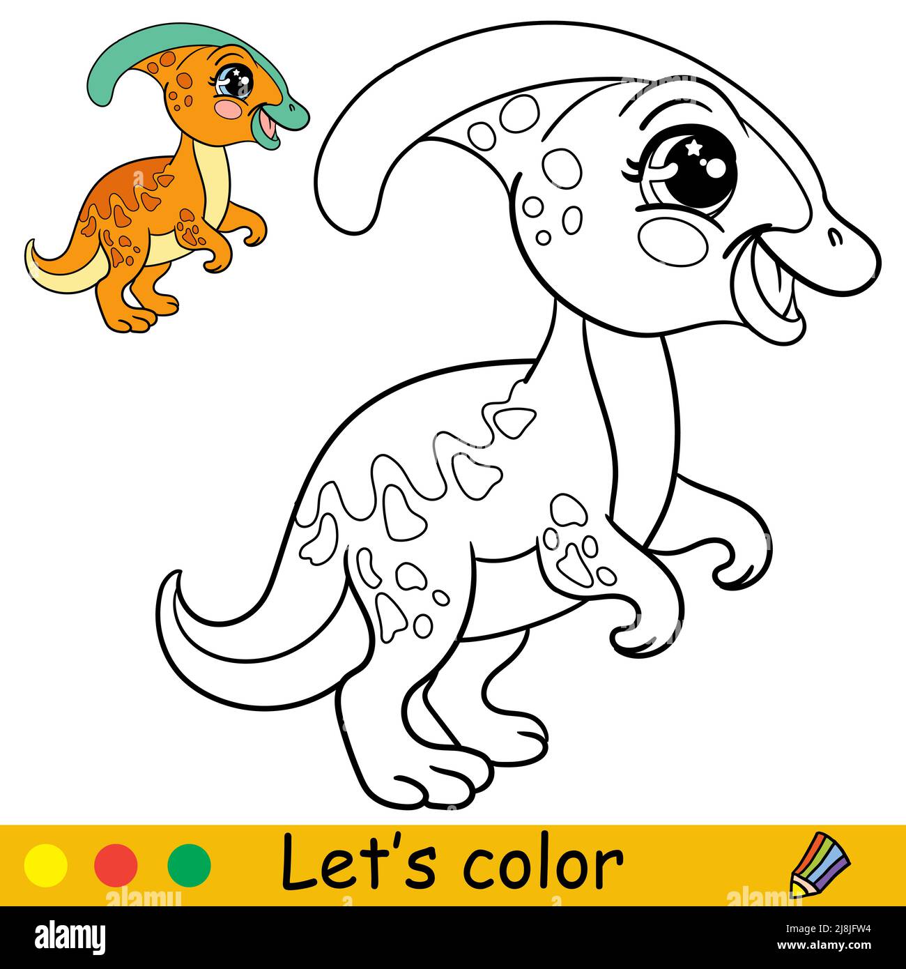 Dessin animé bébé dinosaure Parasaurolophus. Page de livre de coloriage avec modèle coloré pour les enfants. Illustration vectorielle isolée. Pour le livre de coloriage, imprimez Illustration de Vecteur
