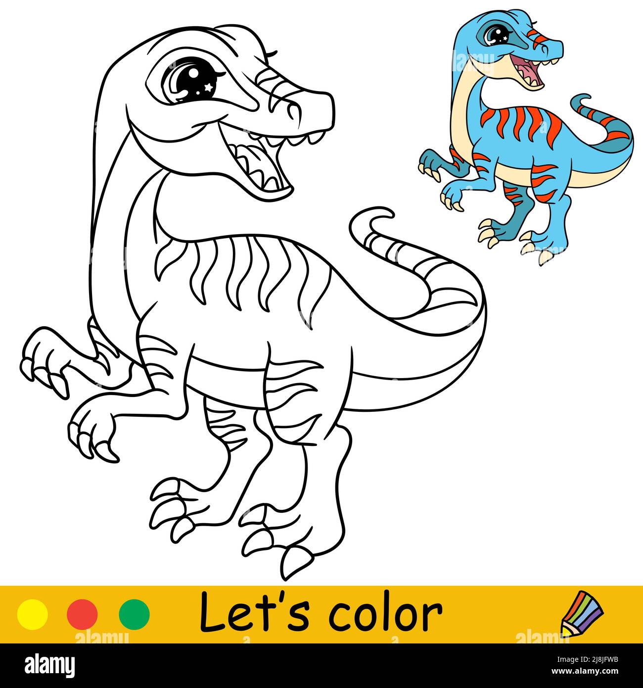 Dessin animé mignon dinosaure drôle Velociraptor. Page de livre de coloriage avec modèle coloré pour les enfants. Illustration vectorielle isolée. Pour livre de coloriage, impression, Illustration de Vecteur