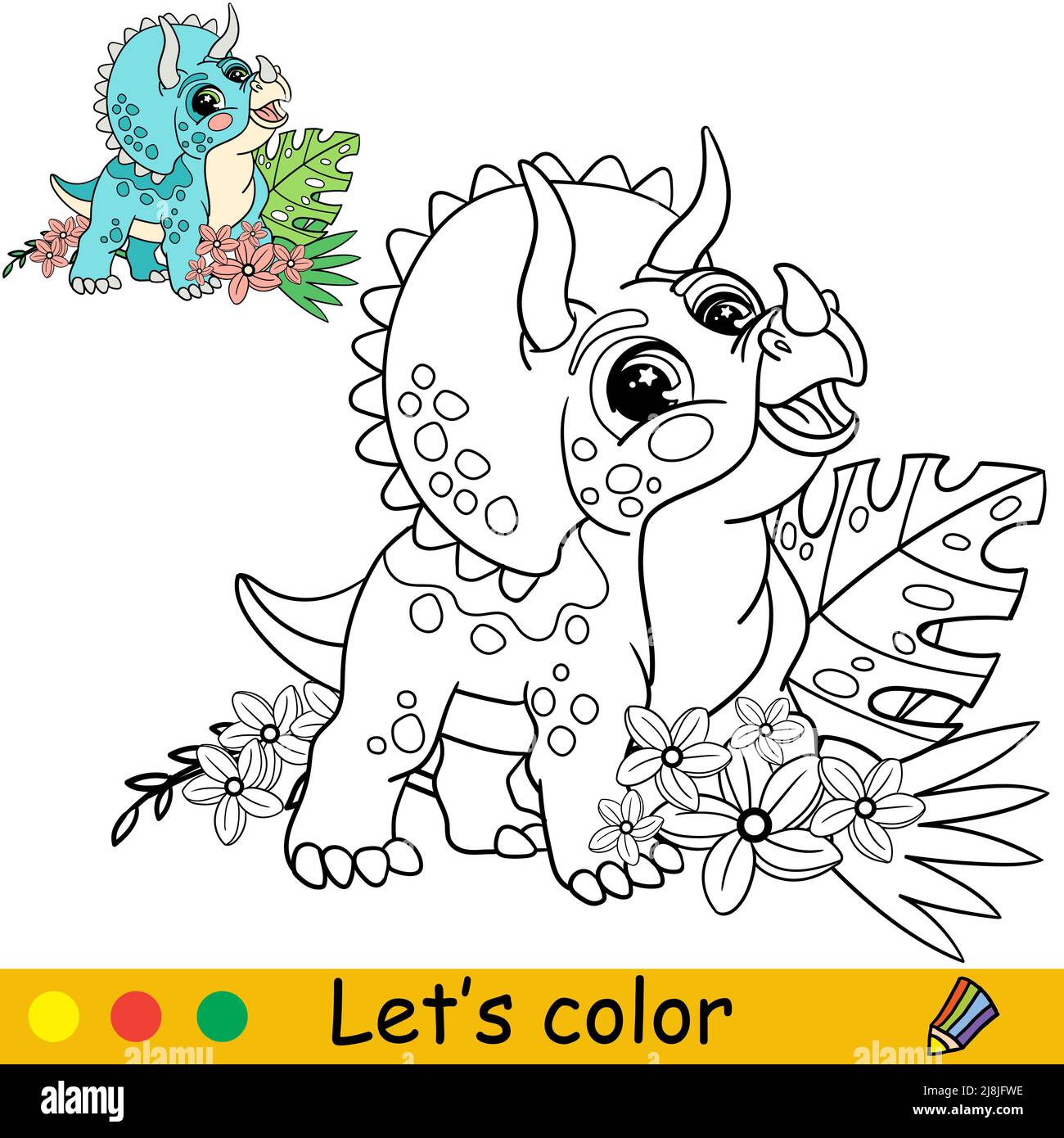 Dessin animé bébé dinosaure tricératops avec des plantes tropicales. Page de livre de coloriage avec modèle coloré pour les enfants. Illustration vectorielle isolée. Pour col Illustration de Vecteur