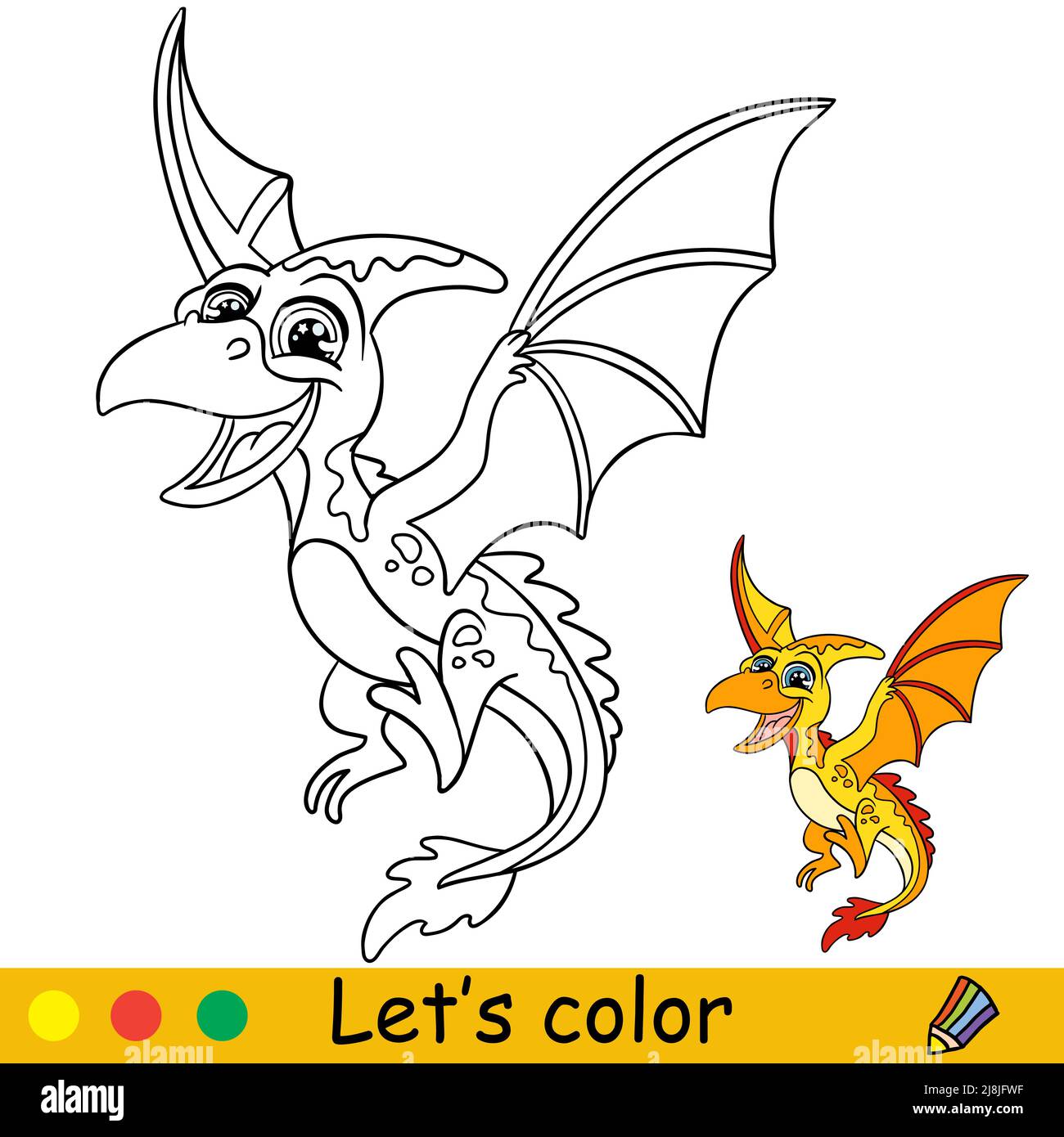 Mignon dessin animé volant dinosaure jaune pterodactyl. Page de livre de coloriage avec modèle coloré pour les enfants. Illustration vectorielle isolée. Pour livre de coloriage, Illustration de Vecteur