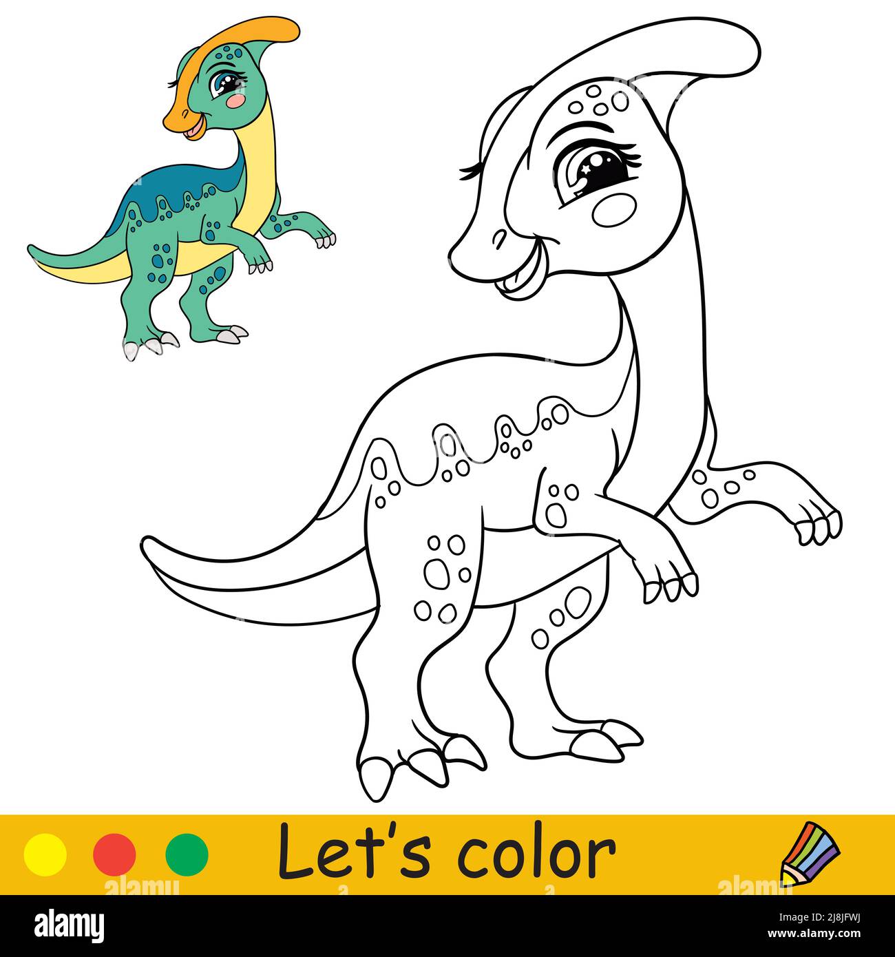Dessin animé joli dinosaure drôle Parasaurolophus. Page de livre de coloriage avec modèle coloré pour les enfants. Illustration vectorielle isolée. Pour livre de coloriage, prin Illustration de Vecteur