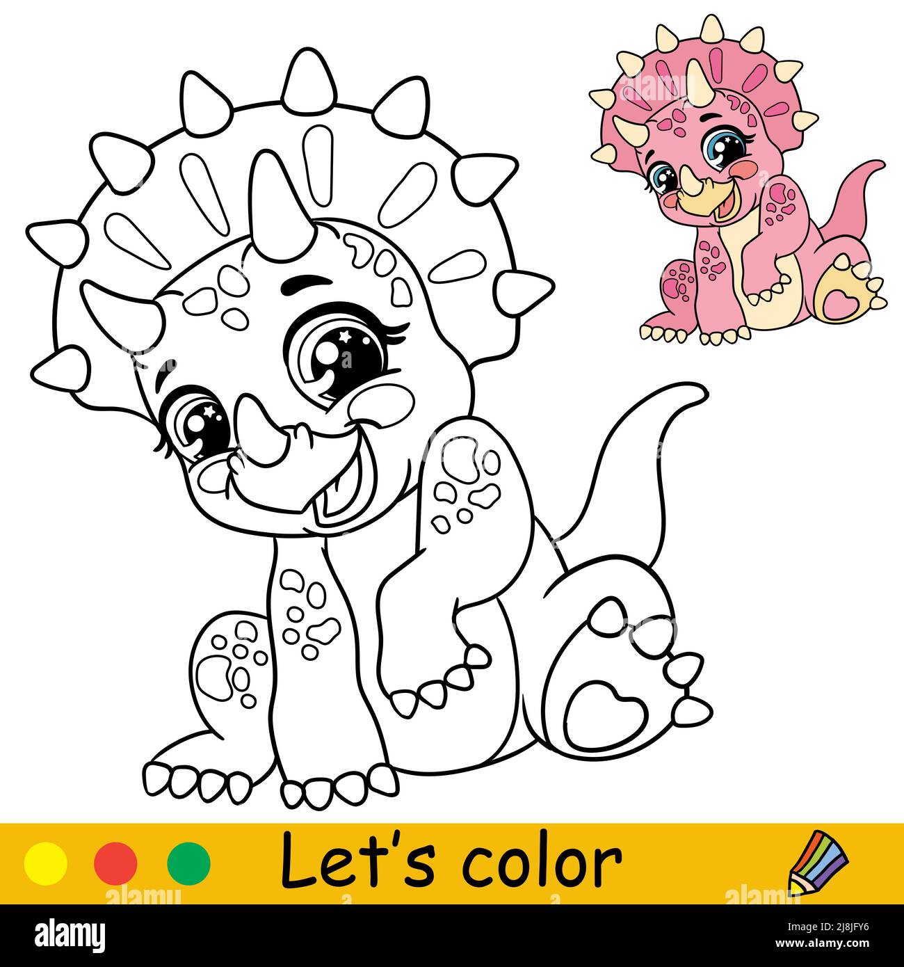 Dessin animé bébé dinosaure rose assis tricératops. Page de livre de coloriage avec modèle coloré pour les enfants. Illustration vectorielle isolée. Pour colorier bo Illustration de Vecteur