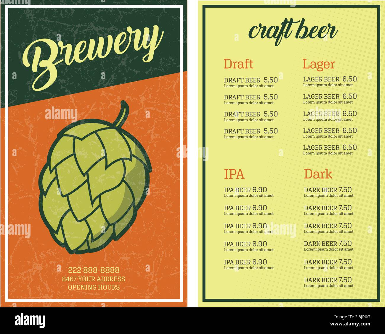 Brasserie grunge menu de bière artisanale flyer hop texture vintage design Illustration de Vecteur