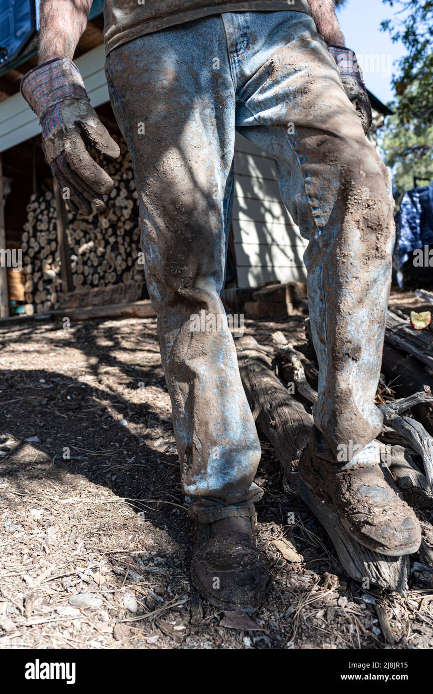 Tourné de la taille vers le bas, un ouvrier se tient à l'extérieur avec un Jean bleu boueux et des gants de travail. Banque D'Images