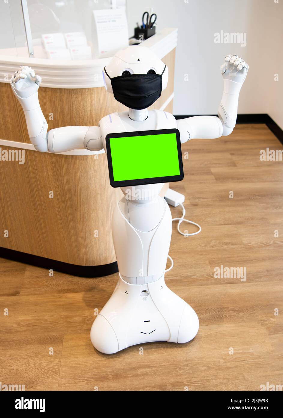 assistant robot futuriste technologie innovante dans le masque de protection. geste fort Banque D'Images
