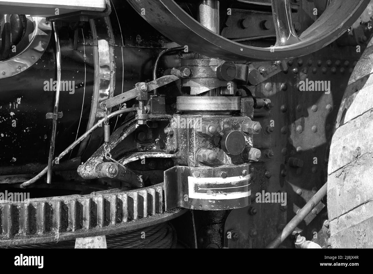 Steam Fair Vehicle affiche l'étude en noir et blanc de la denture du moteur Banque D'Images