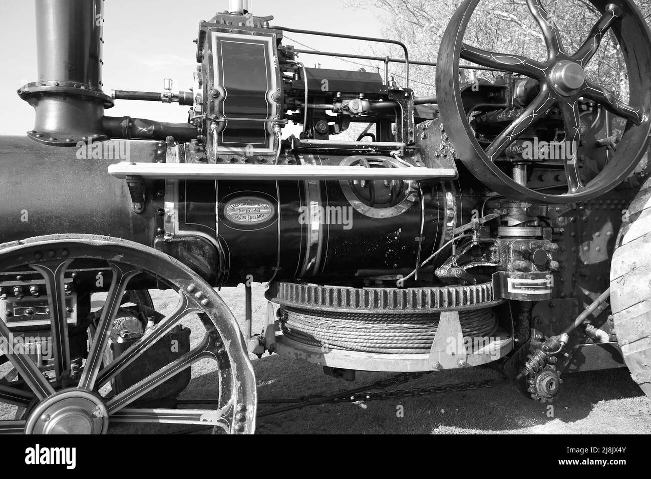 Steam Fair Vehicle affiche l'étude noir et blanc du moteur de traction Banque D'Images