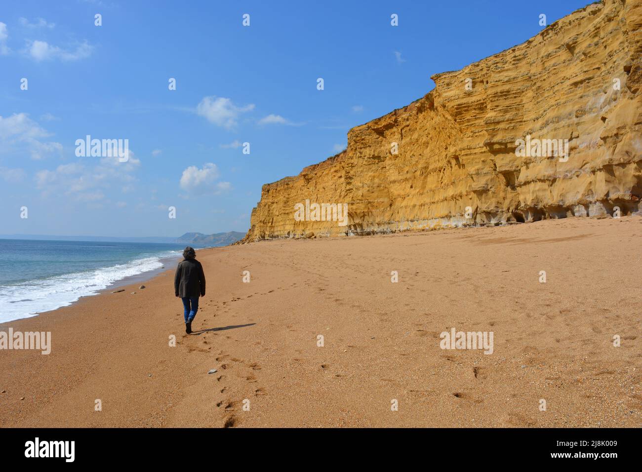 Femme de derrière, marchant seule sous les falaises de Hive Beach, Burton Bradstock, Dorset, Angleterre Banque D'Images
