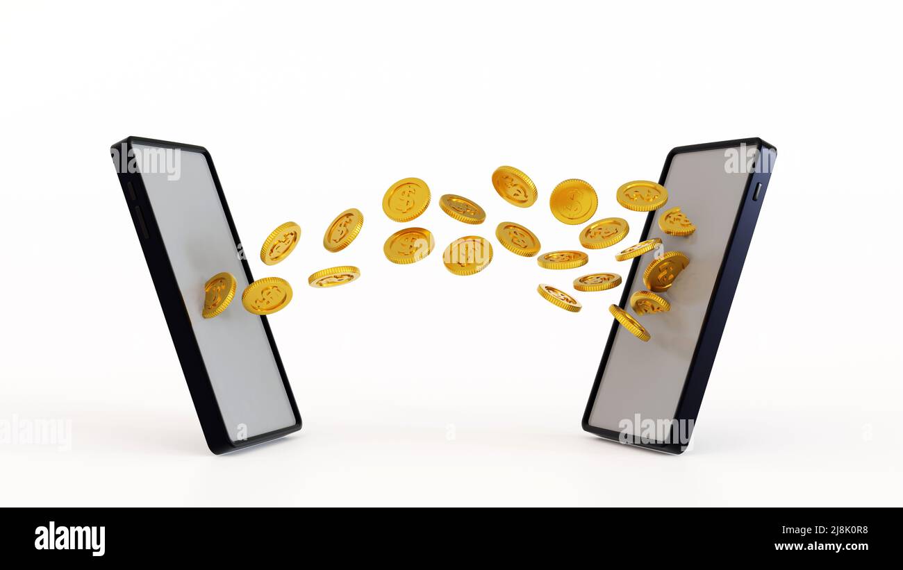 Concept de banque mobile, transfert de pièces de monnaie d'un smartphone à un autre téléphone portable, e-portefeuille de transfert d'argent en ligne, rendu 3D. Banque D'Images