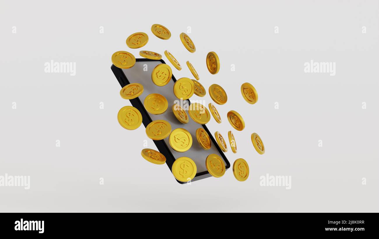 Smartphone avec pièces d'or entourées, concept de gestion et d'administration en ligne affaires avec téléphone mobile. 3D rendu. Banque D'Images