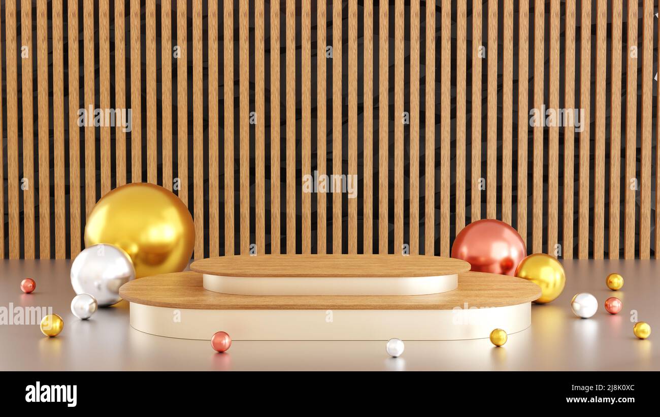 Podium de forme géométrique avec décoration de panneau en bois pour la présentation des produits, socle d'affichage de scène cosmétique, rendu 3D. Banque D'Images