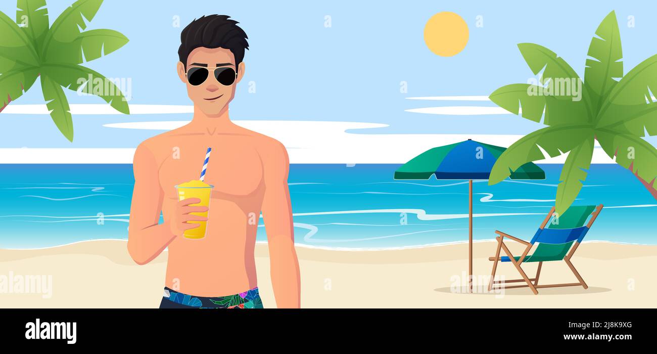 Homme portant des lunettes de soleil sur la plage et buvant un cocktail avec un palmier illustration vectorielle Illustration de Vecteur