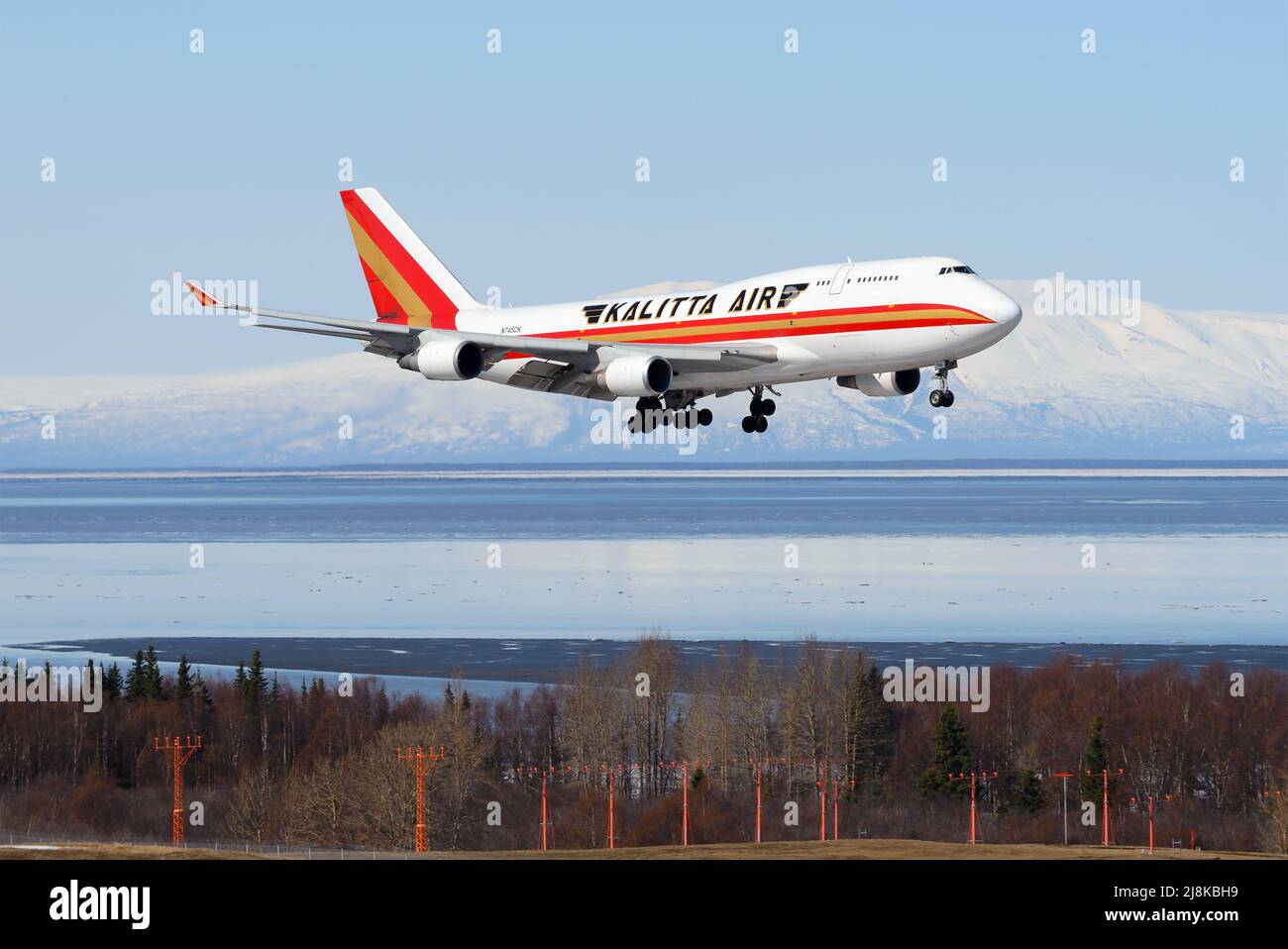 Kalitta Air Cargo Boeing 747 atterrissage en avion de fret. Grand avion cargo 747-400F. Avion 747F arrivée à l'aéroport d'Anchorage en Alaska, États-Unis. Banque D'Images