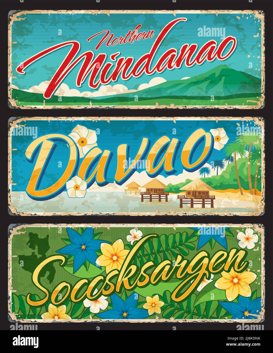 Les provinces du nord de Mindanao, Davao et Soccsksargen des Philippines sont des plaques et des autocollants de voyage. Les signes vectoriels des régions des Philippines, les bannières de grunge anciennes avec la chaîne de montagnes de Kitanglad, la plage de l'île de Samal Illustration de Vecteur