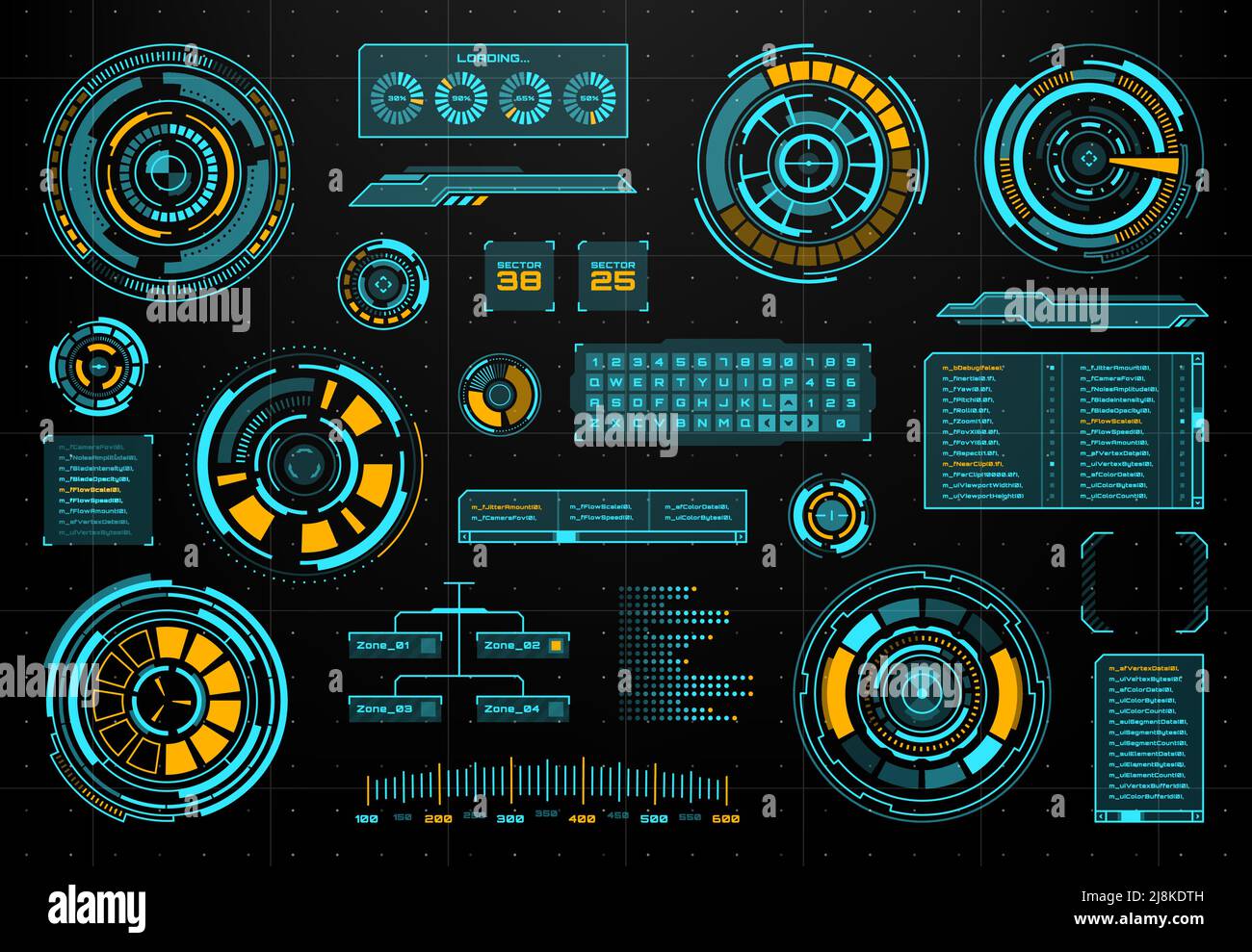Panneaux d'interface et infographies futuristes HUD avec indicateur de vitesse, données visuelles et barre de chargement, clavier et boîte d'informations. Cadre vectoriel d'interface HUD, panneaux virtuels néon et graphiques électroniques Illustration de Vecteur