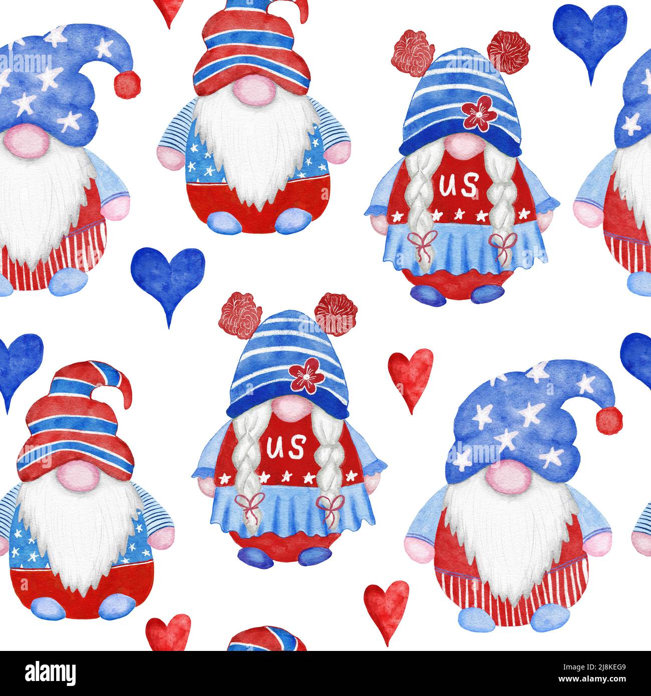 Aquarelle frontière sans couture dessinée à la main avec 4th de juillet gnomes fond, quatrième de juillet l'imprimé patriotique jour de l'indépendance, rouge bleu blanc ballons cadeaux, décoration de fête d'été, étoiles et rayures Banque D'Images