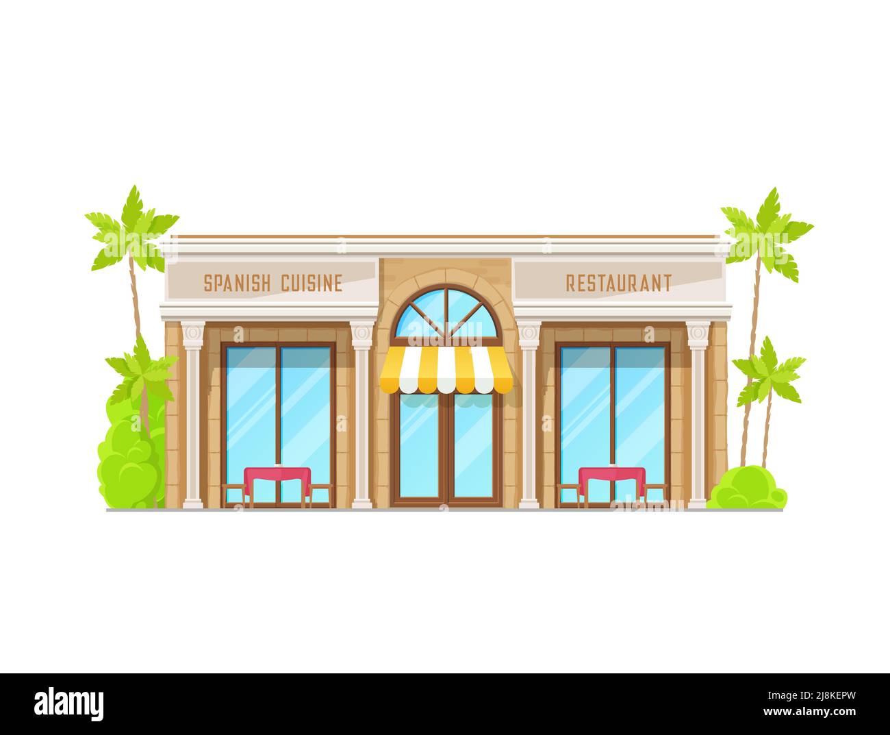 Restaurant de cuisine espagnole icône, façade d'architecture vectorielle avec verrière et porte en verre. Cuisine européenne de l'Espagne café maison extérieur avec tables de patio extérieur. Design moderne avec piliers en pierre Illustration de Vecteur