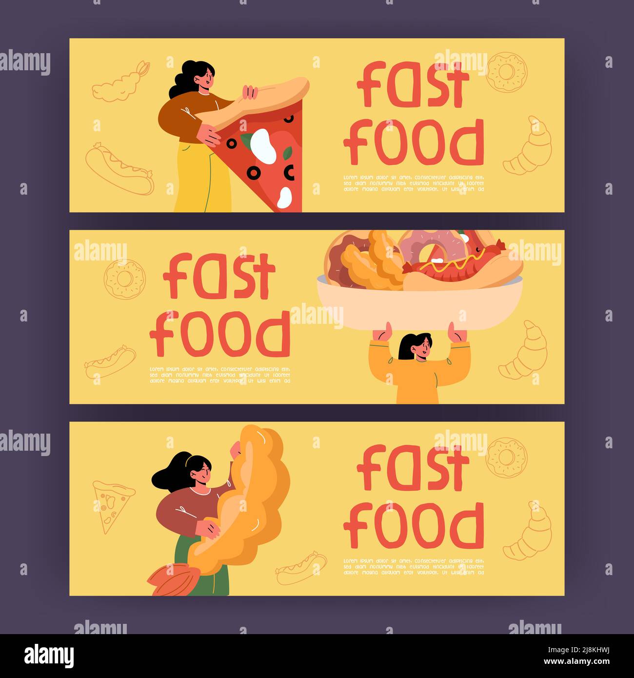 Banderoles de restauration rapide avec des femmes tenant une grande pizza, crevettes tempura et plat avec hot dog et beignets. Affiches vectorielles de fastfood restaurant avec illustration plate de filles heureuses avec des collations Illustration de Vecteur