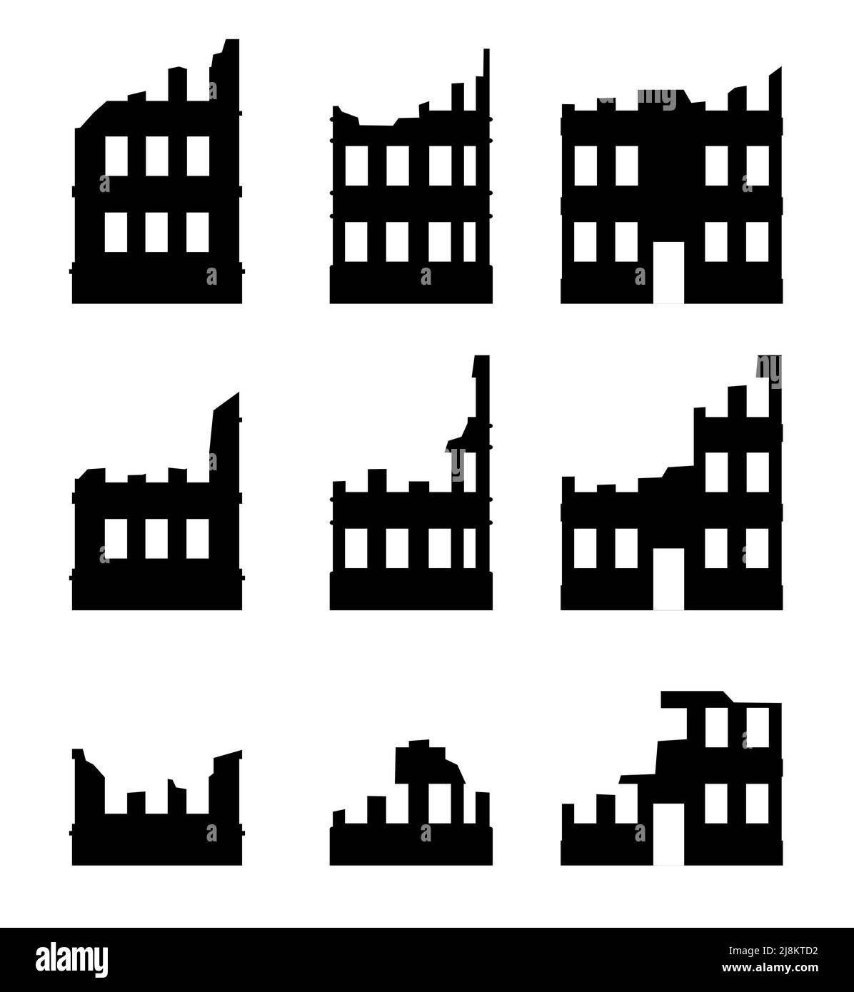 Ensemble de bâtiments de ville en ruines. Isolé sur fond blanc. Apocalypse naturel ou guerre. Triste paysage de destruction. Vecteur. Illustration de Vecteur